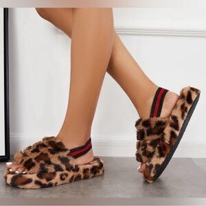 Lauren Lorraine Plush Leopard Print Fluffy Open Toe Slippers